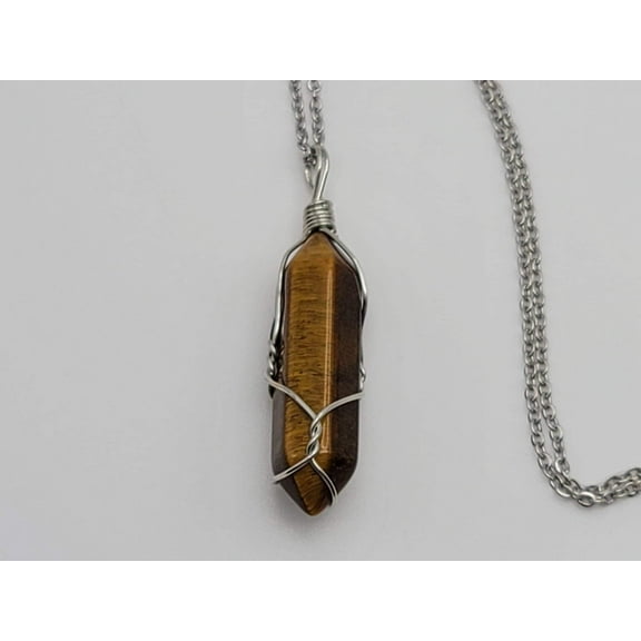 Silver Wire Wrapped Tiger's Eye Healing Crystal Point Necklace