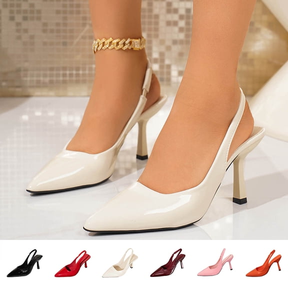 Miluxas Women's Leather Pointed Toe Closed Toe Slingback Pumps Fashionable Elastic Strap Kitten Heel High Heels Wedding Work Dress Shoes White 9.5(43)