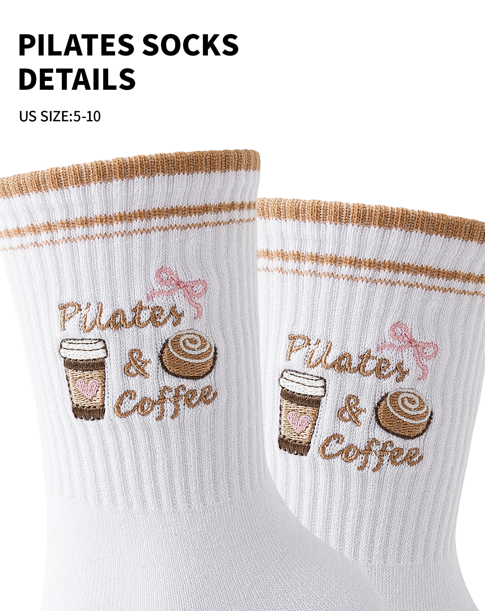 Yawlsow Pilates Grip Socks for Women, Grippy Yoga Socks with Coffee Embroidery for Barre Ballet Workout, US Size 5-10