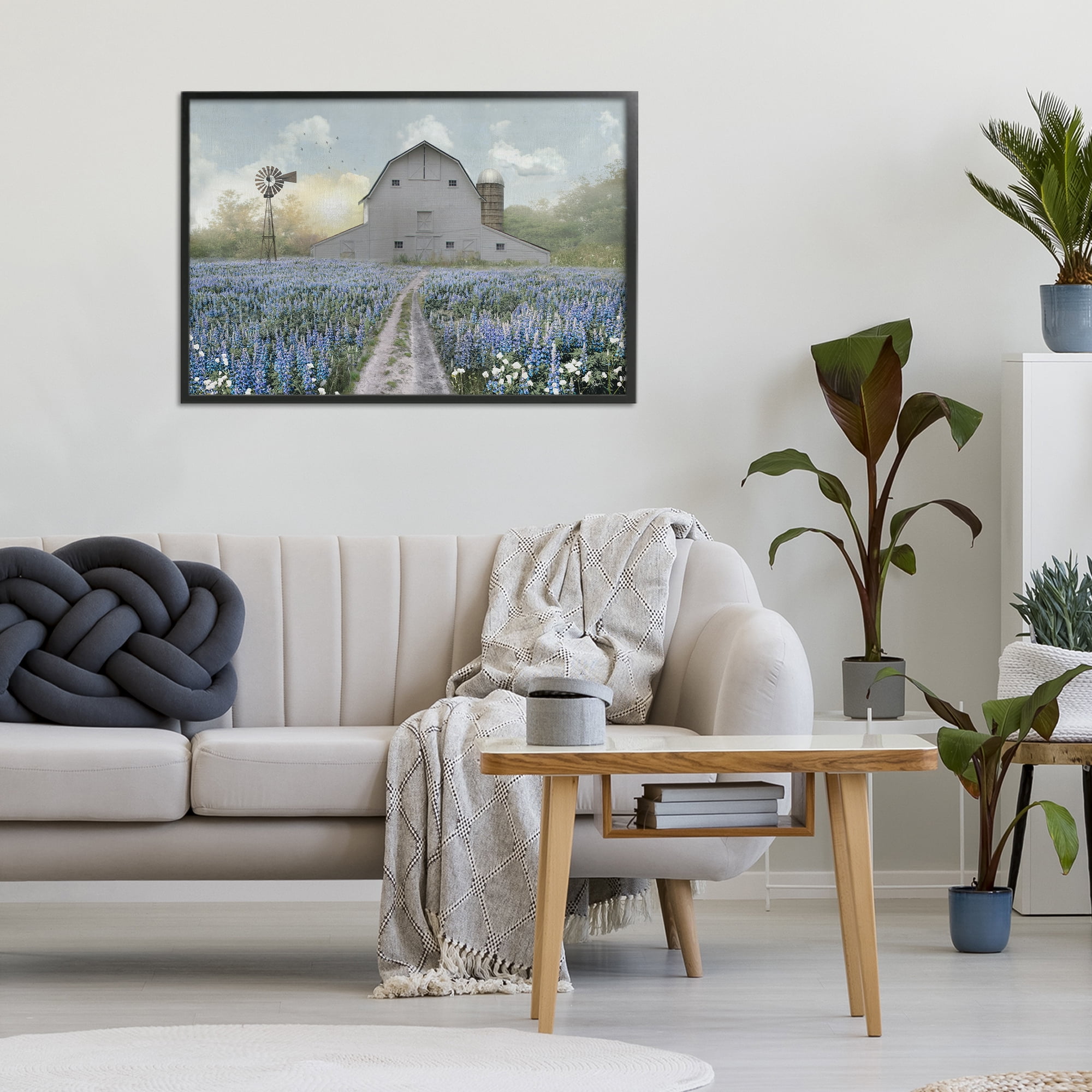 Stupell Industries Meadow of Blue Flowers & Barn Black Framed Giclee Art, design by Nan