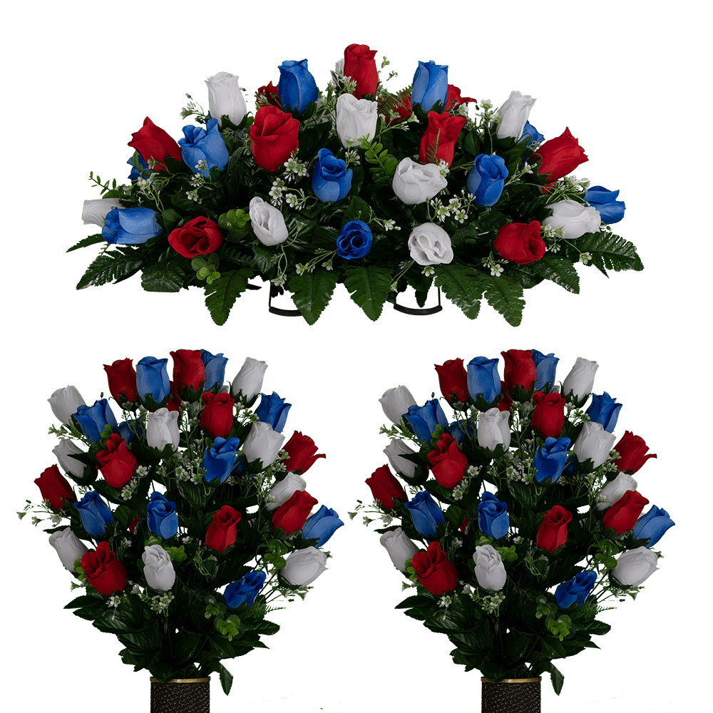 Sympathy Silks Artificial Cemetery Flowers Red White and Blue Rose Buds