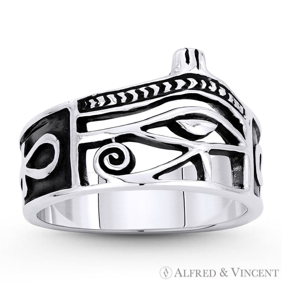 Eye of Horus & Ankh Cross Egyptian Charm Ring in Oxidized .925 Sterling Silver