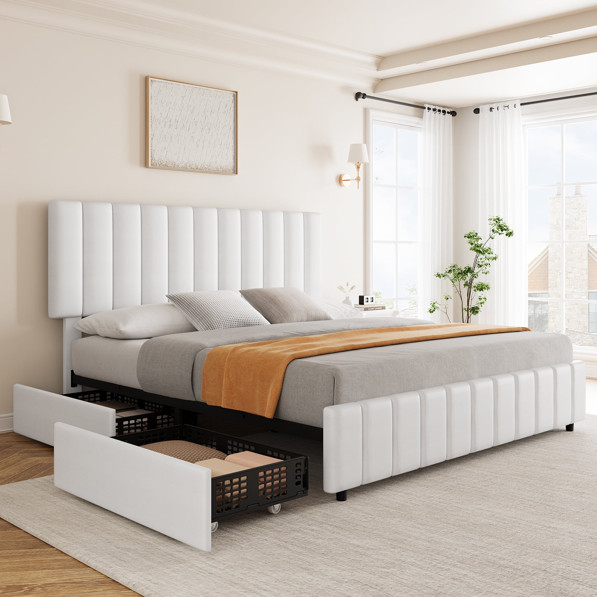Hetoy Queen Size Bed Frame with 4 Storage Drawers and Adjustable Headboard, Linen Upholstered Platform Bed Frame with Wooden Slats Support, No Box Spring Needed, White