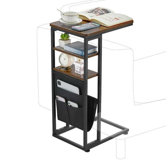 ZEXVIDA C Shaped Side Table, 3 Tier Sofa End Tables with Storage Bag, Sturdy Slide Under Sofa Slim Side Tables with Metal Frame for Small Spaces, Living Room, Bedroom, Industrial (Rustic Brown)