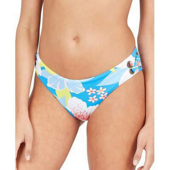 ROXY Women's Blue Tropical Print Stretch Grommet Lace- Up Lined Full Coverage She Just Shines Bikini Swimsuit Bottom XL