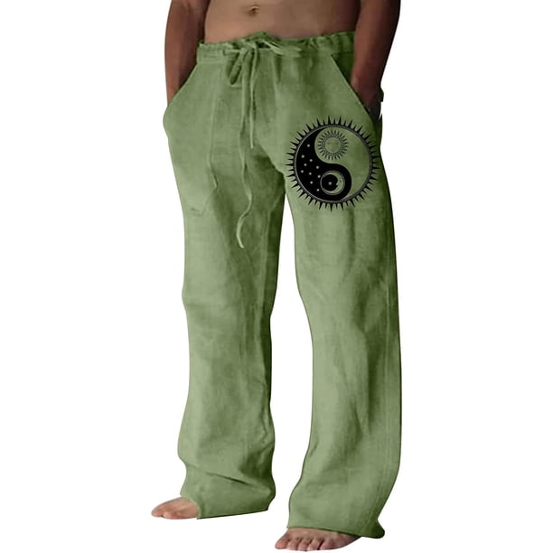 Pantalones casuales de lino para hombre, estampado de mariposas y pájaros, talla grande, sueltos, ligeros, elásticos, con cordón, para exteriores, playa, yoga 016-verde 2XL 016-verde 2XL Xishao ropa