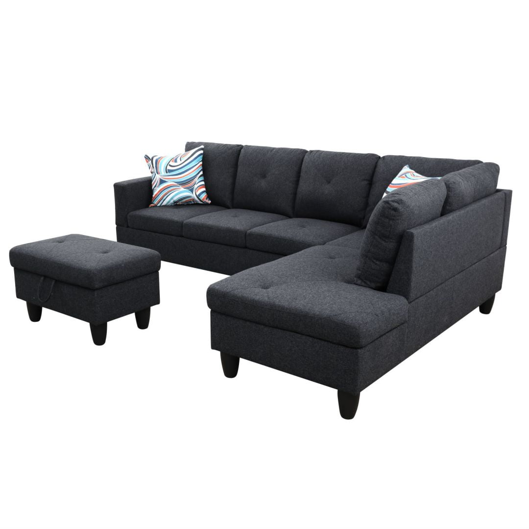 Hommoo Flannel Rectangular Storage Ottoman, Bench Tufted Footrest, Modern Lift Top Pouffe Ottoman for Living Room, Black Grey