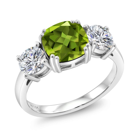 Gem Stone King 925 Sterling Silver Green Peridot and Lab Grown Diamond Engagement Ring for Women | 3.45 Cttw | Cushion 8MM | Gemstone August Birthstone | Size 9