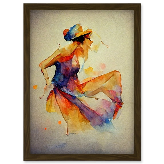 Jazz Club Dancing Woman In Bright Dress Watercolour Artwork Framed Wall Art Print A4