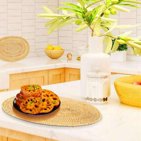 

2 Pcs Oval Rattan Placemat Natural Rattan Hand-Woven Tea Ceremony Accessories Suitable for Dining Room Kitchen Etc