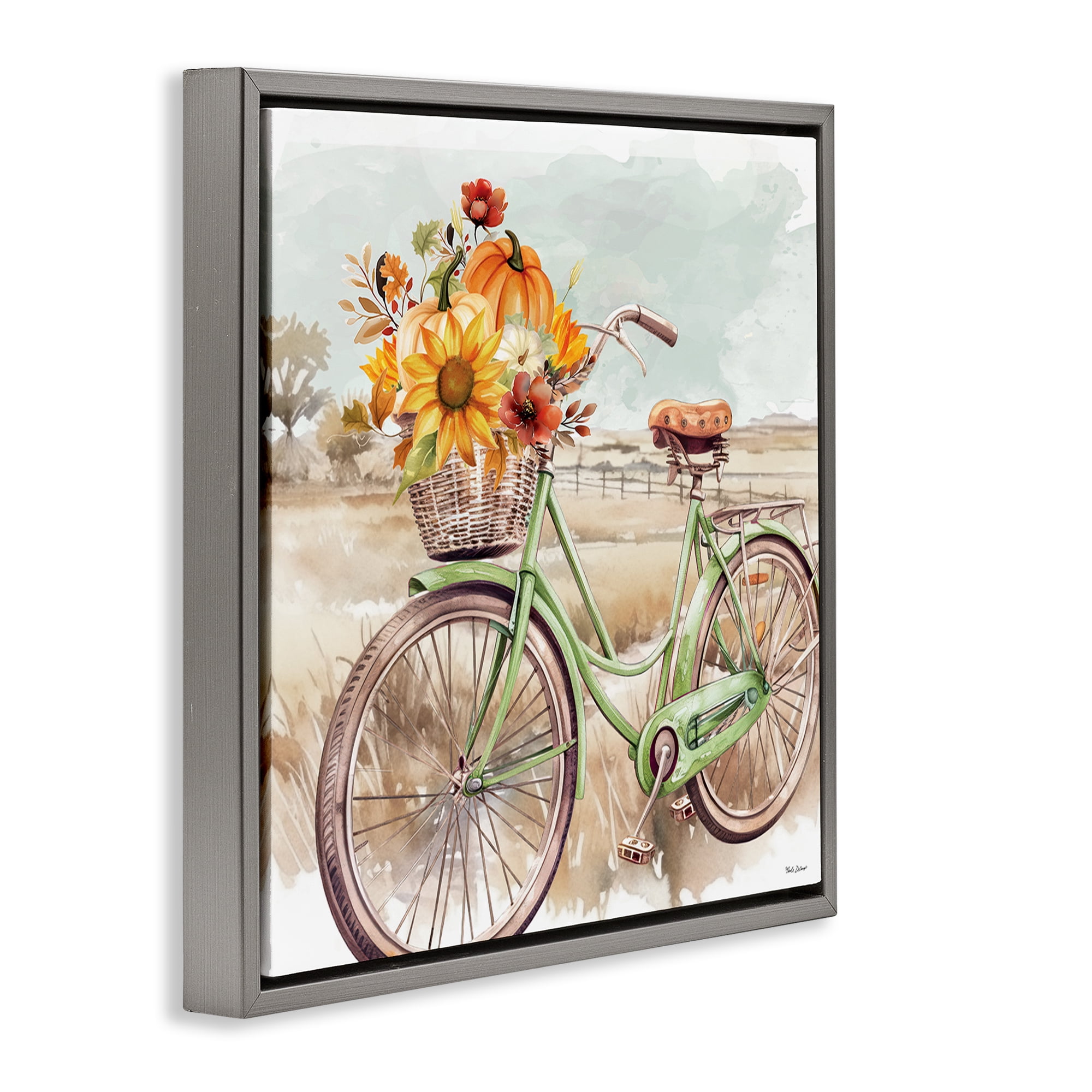 Stupell Industries Fall Florals Bicycle Botanical & Floral Painting Gray Floater Framed Canvas Art Prints Wall Art, 18 x 18