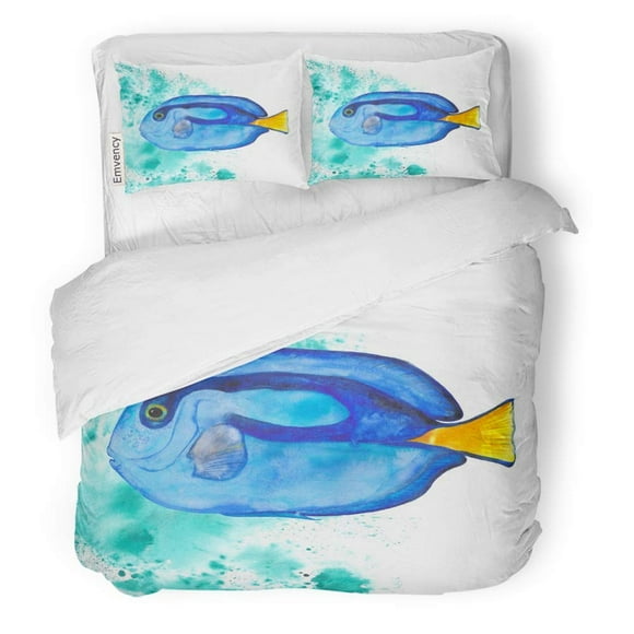 POGLIP 3 Piece Bedding Set Yellow Angel Watercolor Blue Tang Fish Water Colorful Hand Draw Aquarium Twin Size Duvet Cover with 2 Pillowcase for Home Bedding Room Decoration