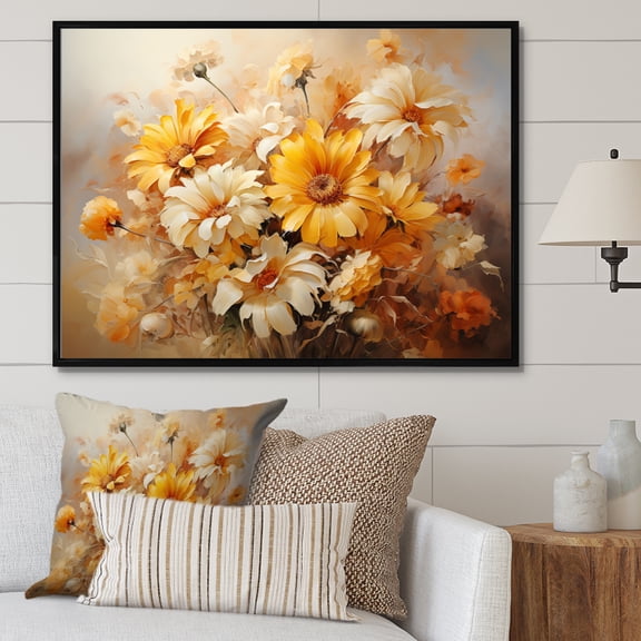 Designart "Beige Sunflowers love expression IV" Floral Floater Framed Wall Art Living Room