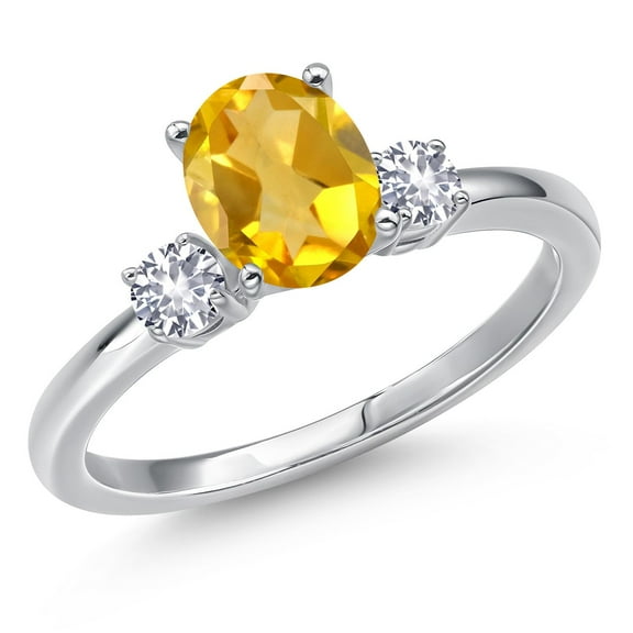 Gem Stone King 14K White Gold Yellow Citrine and White Created Sapphire Engagement Ring for Women | 1.56 Cttw | Oval 8X6MM | Gemstone November Birthstone | Size 8