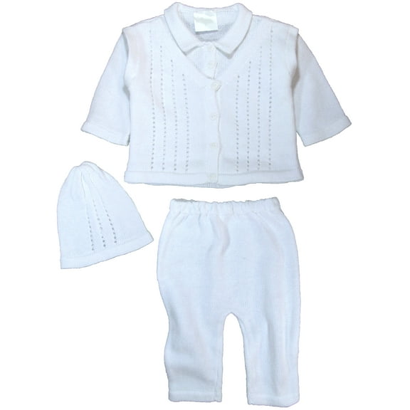 100% Cotton Knit Boys White Infant 3 Piece Collared V-Neck Sweater, Pants & Cap