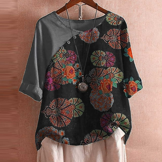 ICHUANYI Clearance Fashion Women Cotton And Linen Medium Sleeve Printed Ladies T-Shirt Tops(Black, M) ICHUANYI WER2023080901571