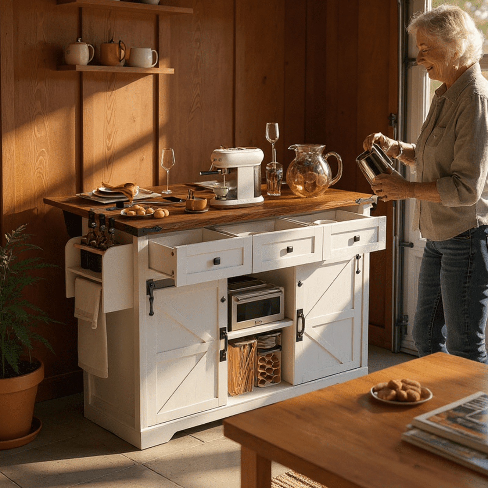 Homy Casa 53.8" Garage Storage Cabinet with Sliding Barn Doors, Power Outlets & Adjustable Shelves, White
