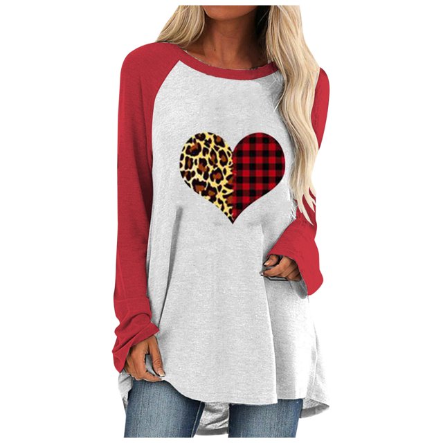 Pompotops Blouse à Manches Longues Patchwork Col Rond Imprimé Décontracté pour Femmes Saint-Valentin