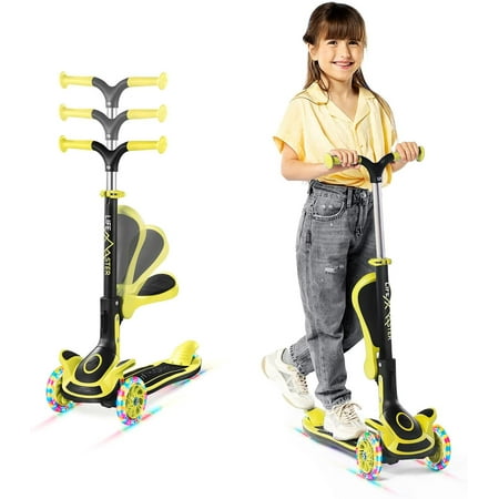 Kids Scooter – Foldable Seat – LED Wheel Lights Illuminate When Rolling – Children and Toddler 3 Wheel Kick Scooter – Adjustable Handlebar – Indoor and Outdoor- Yellow - by Lifemaster