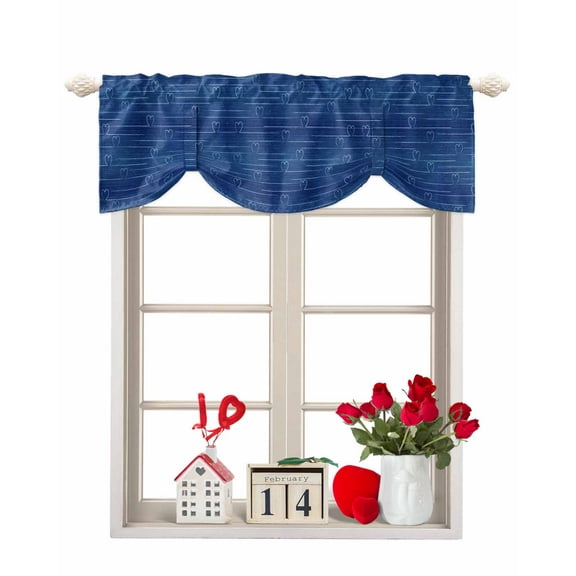 Tie Up Valance Curtain for Kitchen,Valentine's Day Abstract Love Hreats Rod Pocket Short Curtains Adjustable Tie-Up Shade Valances,Dark Blue Background Window Treatment for Bathroom Bedroom