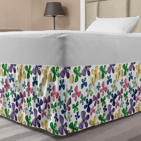 Butterfly Bed Skirt, Colorful Spring Bugs Pattern Ornamental Wings with Swirled Circle Motifs Nature, Elastic Bedskirt Dust Ruffle Wrap Around for Bedding Decor, 4 Sizes, Multicolor, by Ambesonne