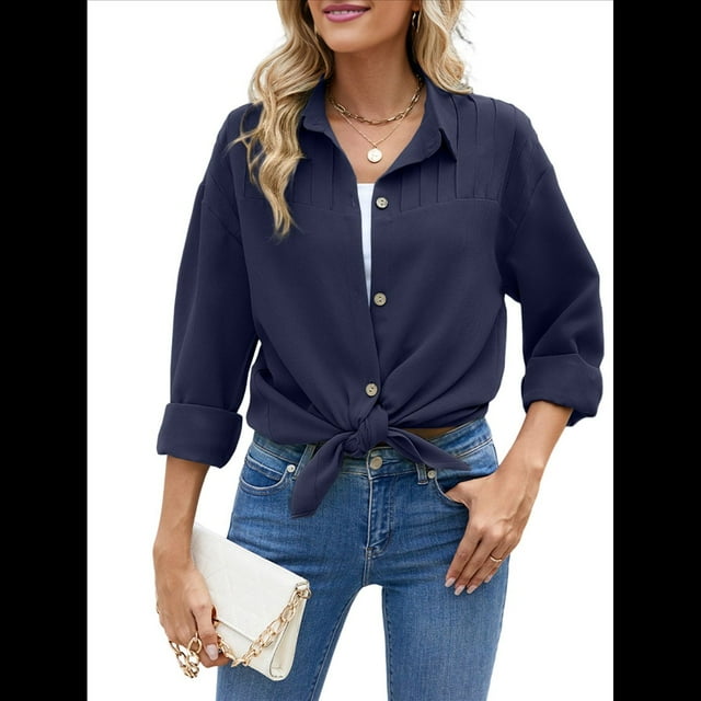 Camisas de Larga con Botones para Mujer, Blusas de Trabajo de Gran Tamaño con Cuello y Hombros Caídos, Blusa Holgada con Textura Azul Marino XXL