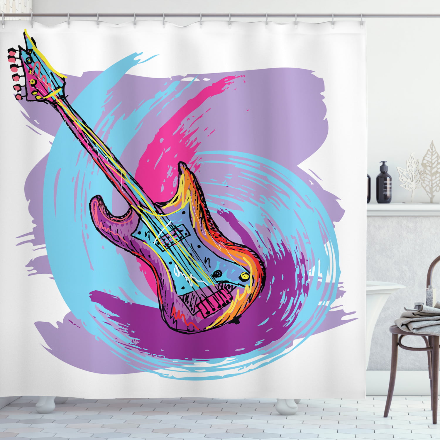 Guitar Graphic Shower Curtain set Musical Instruments Bathroom decor 71inch Long 