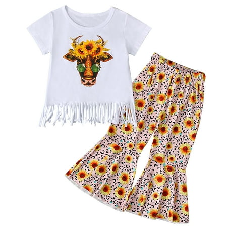 

Toddler Girl Clothes Summer Tassel Tops Sunflowers Print Pants Flared Trousers Set Casual Clothes Outfits 6Y