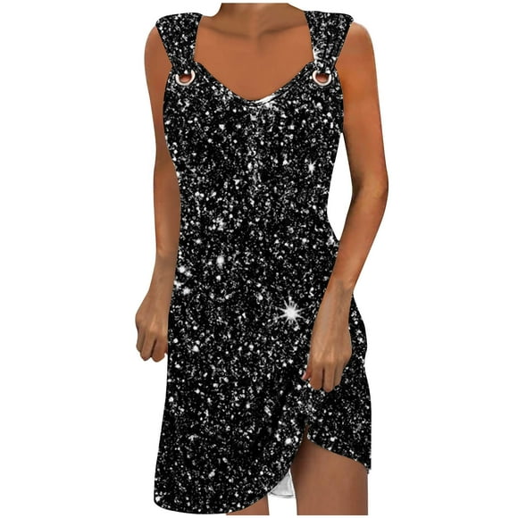 bbymog Women Dresses Summer Dresses for Women Fashion Printed Round Neck Sleeveless Slip Sundress Casual A-Line Black Mini Dress Black S