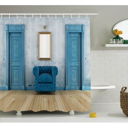 Simple Bathroom Decor Antique Decor Shower Curtain Set, Empty Room With Two Doors Armchair And Simple Mirror With Golden Color Frame, Bathroom Accessories, 69W X 70L Inches, By Ambesonne ()