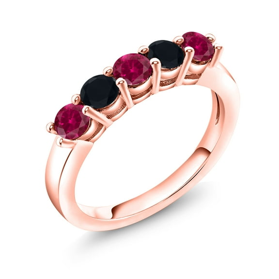 Gem Stone King 18K Rose Gold Plated Silver Red Created Ruby and Black Onyx 5-Stone Wedding Anniversary Band Ring for Women (1.01 Cttw, Gemstone July Birthstone, Size 6)