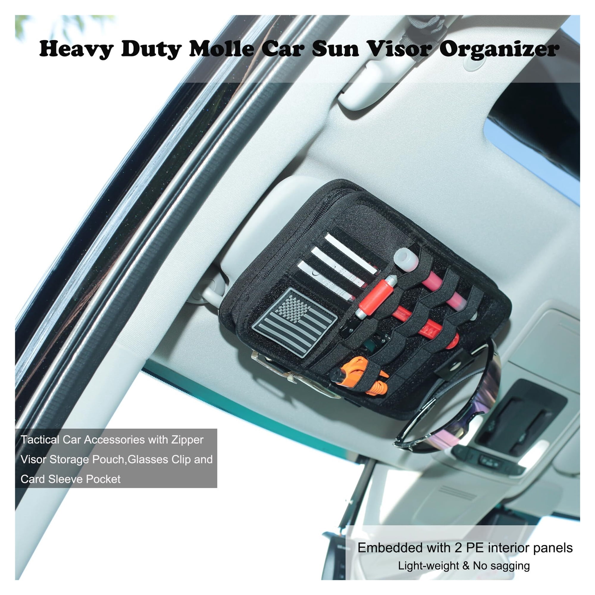 Heavy Duty Molle Car Sun Visor Organizer-Tactical Car Accessories with Zipper Visor Storage Pouch,Glasses Clip and Card Sleeve Pocket, Multi-Pocket Visor Organizer Storage Pouch for Cars SUVs Trucks