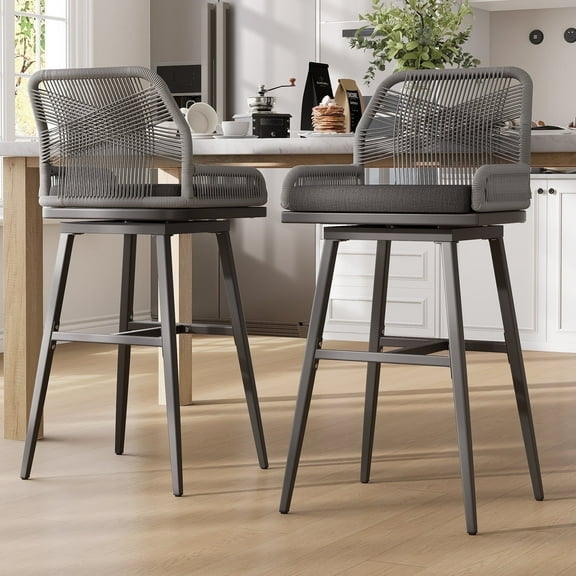 MEISSALIVVE Set of 2 Rattan Swivel Bar Stools, 30" Counter Height with Woven Rope Back, Cushioned Patio Bar Chairs for Kitchen, Garden, Gray