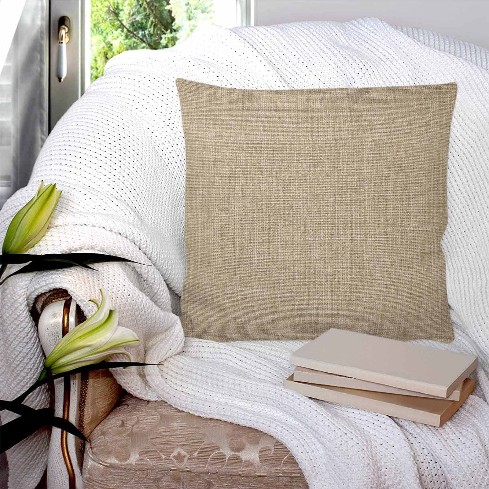 Beige 14x14 Pillow Covers Set of 2, Farmhouse Burlap Solid Brown Color Modern Linen Texture Throw Pillow Covers Decorative Couch Cushion Case, Microfiber Square Pillowcases for Bedroom Living Room