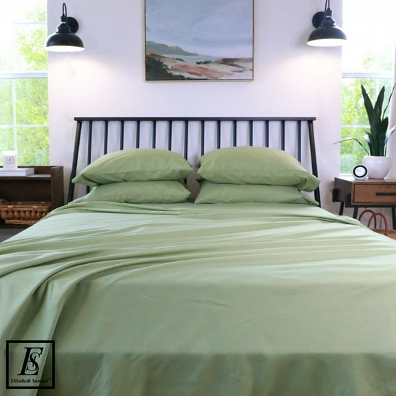 ELIZABETH SAMUEL - Sage Queen Size Bed Sheet Set 100% Bamboo  - 15” Deep Pockets Soft and Cooling Wrinkle-Free, Machine Washable 6 Pieces - 4 Pillow Cases, 1 Flat Sheet, 1 Fitted Sheet (Sage, Queen)