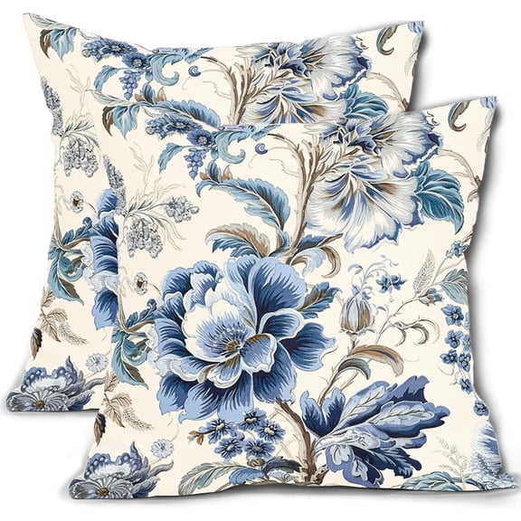 Chinoiserie Pillow Cover 16x16 Inch Vintage Blue Flower Throw Pillow Covers Spring Summer Floral Outdoor Pillow Cases Cotton Linen Cushion Covers for Couch Sofa Bedroom Chinoiserie Decor (Pack of 2)