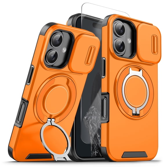 Shockproof Phone Case compatible with Apple iPhone 16, Heavy Drop Protective Cover with Stand, Slide Camera Cover, 1X Screen Protector