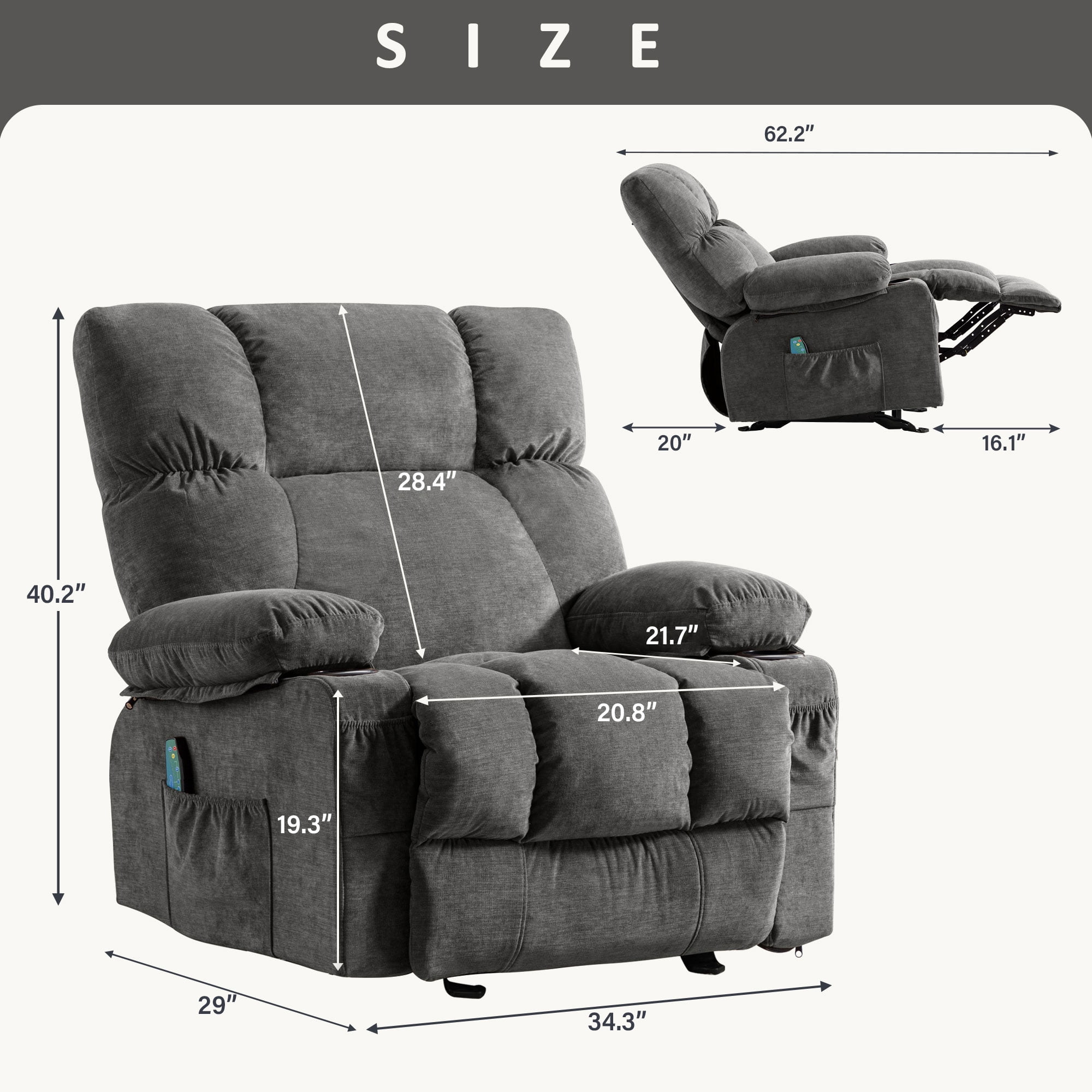 JONPONY Manual Recliner Chair with Heat Therapy and Massage Function, Heavy Duty Reclining Mechanism Massage Chair, Elderly Single Rocker Sofa with Cup Holders for Bedroom Home Theater,Grey