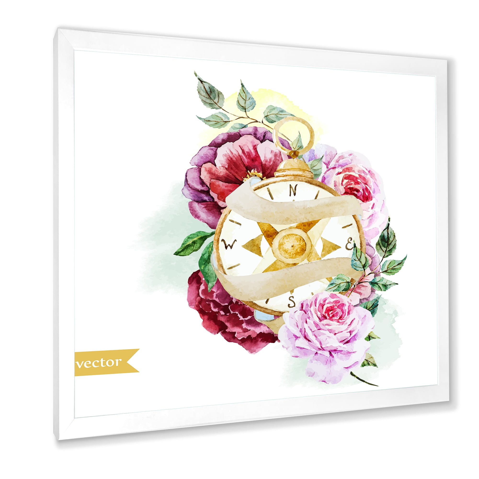 Designart 'Compass Among Flowers' Traditional Framed Art Print