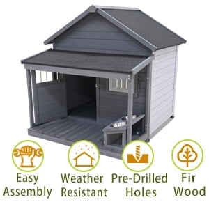imerelez Large Dog House with Terrace 44.2"x44.6"x44.6" Solid Wood Weatherproof Outdoor Kennel for Dogs up to 80lbs, Gray