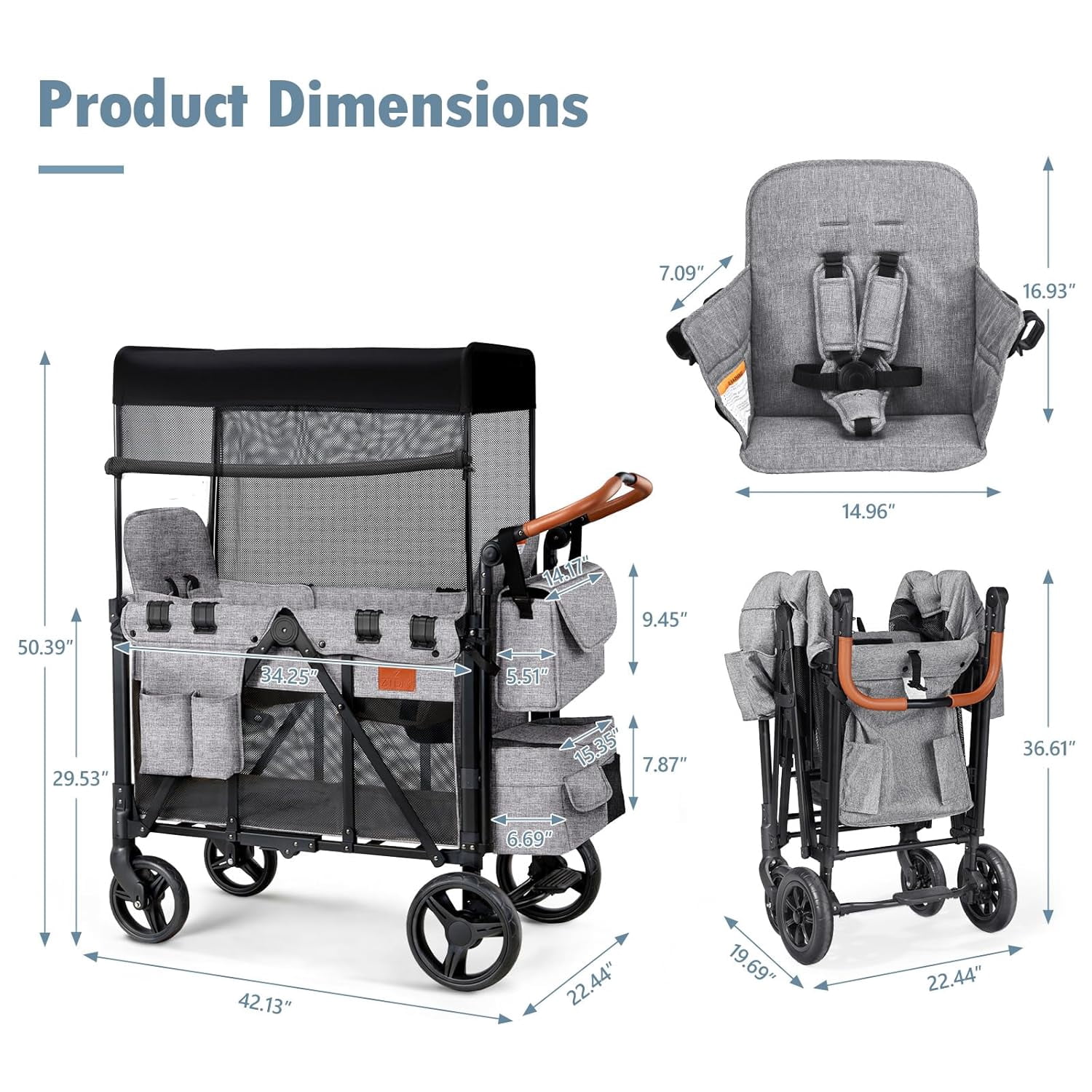 UBesGoo Wagon Stroller for 2 Kids, High Seat & 5 Point Harness, Foldable All-Terrain Wagon for Toddler with Removable Canopy, Adjustable Handlebar, Large Storage Bag, Gray