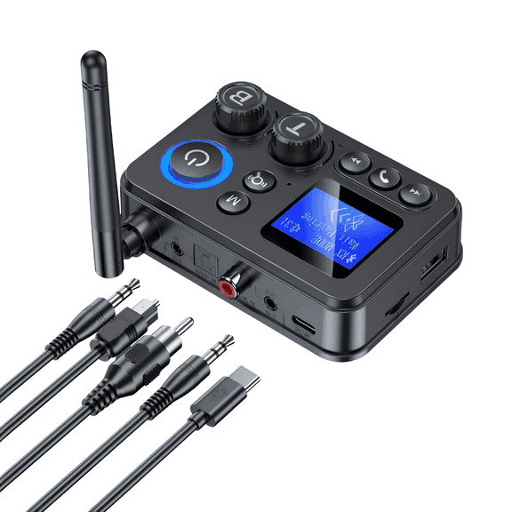 Bluetooth 5.4 Audio Receiver Transmitter - 20M HiFi Low Latency Adapter with 1.44" Screen, Type-C/RCA/3.5mm AUX/Coaxial/SPDIF for TV/Home Stereo