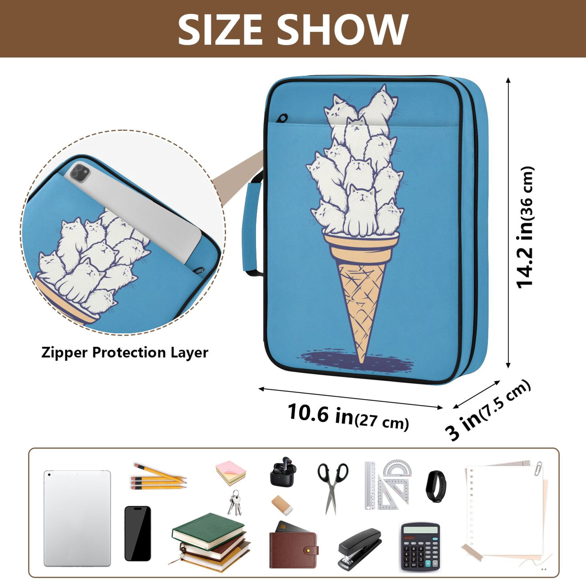 FORMRS Accordion File Folder A4 Size 7-Pocket Expanding Document Organizer Bag with 3 Ring Binder, Ice Cream Cat