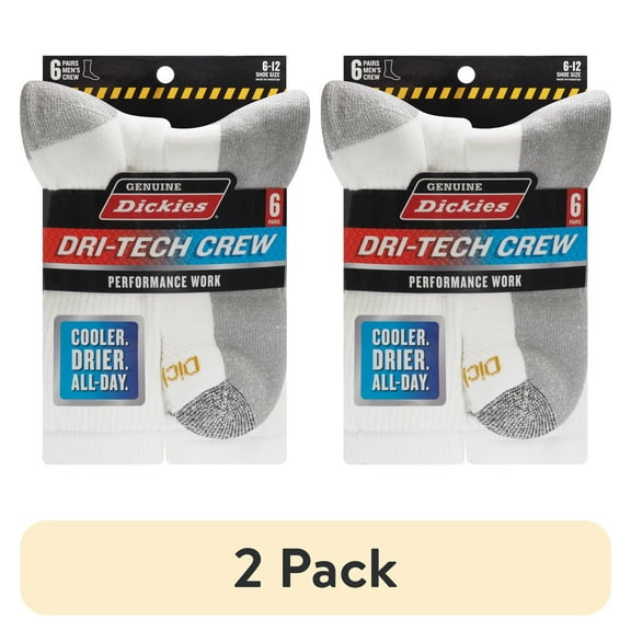 (2 pack) Dickies Men's Dritech Crew Sock, 6 Pack White Greypad Size 6-12