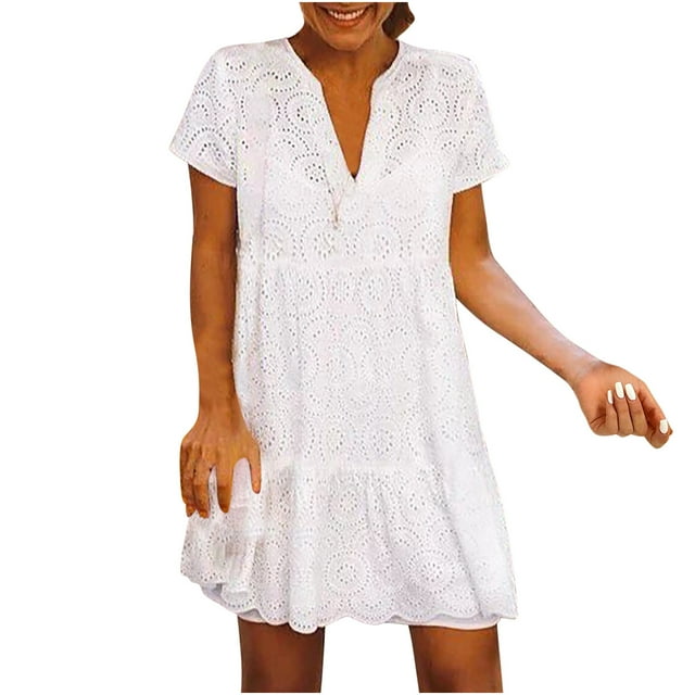 Mini vestido liso de manga corta informal con cuello en V bohemio a la moda para mujer Fridja bnh4001