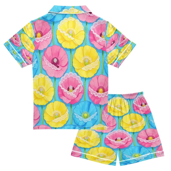 Ttyddzy Pajama Sets for Boys&Girls, Soft Silky Satin Button-Up Pjs with Shorts for Spring/Summer, Colorful Flowers S