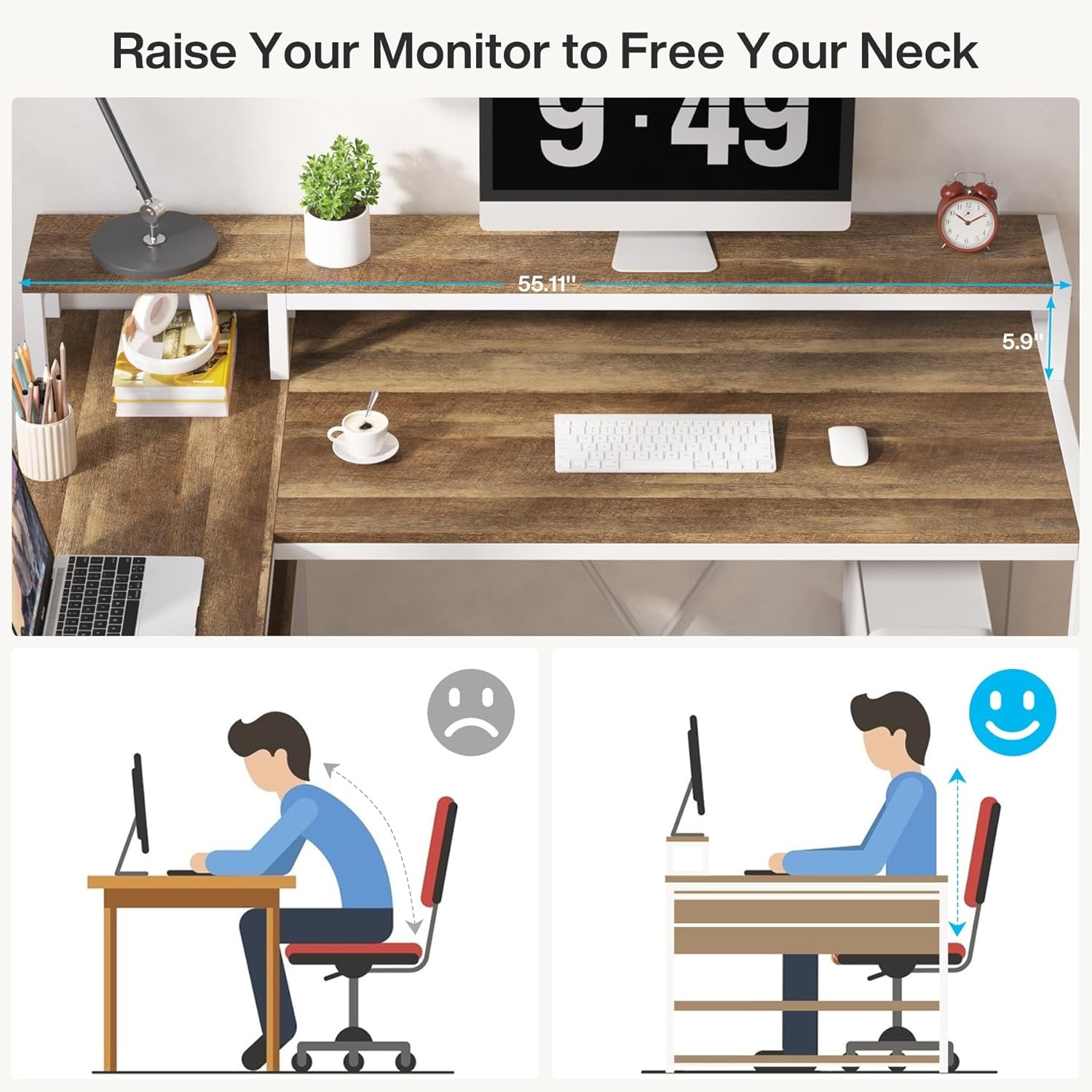 55" x 24" L Shaped Corner Desk With Drawers, Storage Shelves & Monitor Stand, Oak Home Office Gaming Study Computer Table For Small Space