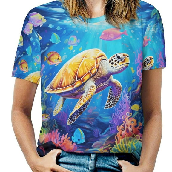 Nautical Green Sea Turtles Women's Short Sleeve T-Shirt Crew Neck Casual Summer Trendy Loose Fit Tops