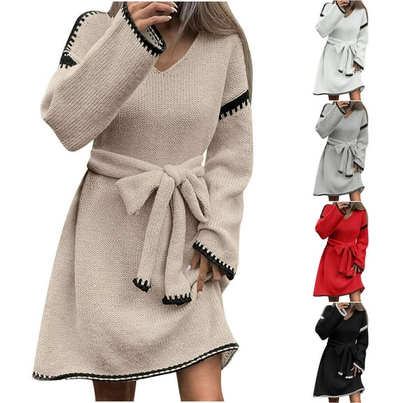 SMihono Straight Sweater Dress for Women Fall Winter 2025 Outfit Contrast Trim Jumper Knit Oversized Sweater with Belt Gray Free Size