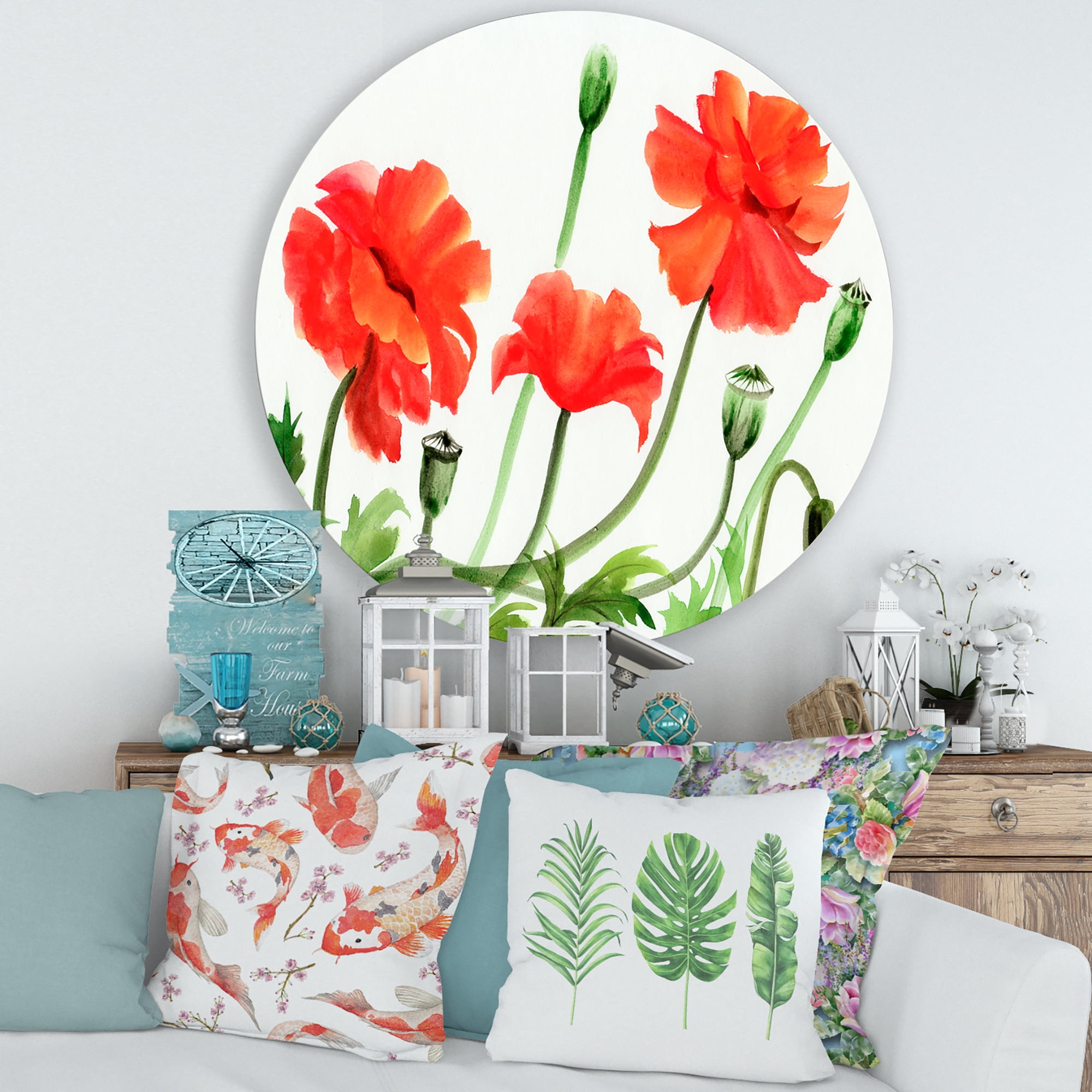 Designart 'Ancient Red Poppies III' Traditional Circle Metal Wall Art 29x29 - Disc of 29